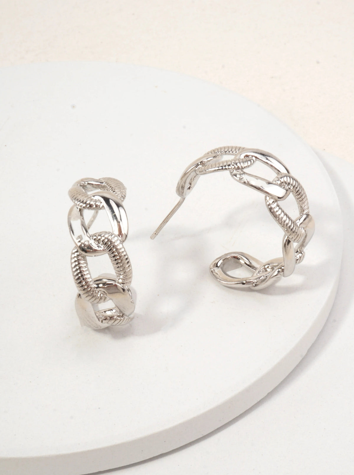 Brass Simulated Cuban Chain Hoop Earrings - White Gold Dipped