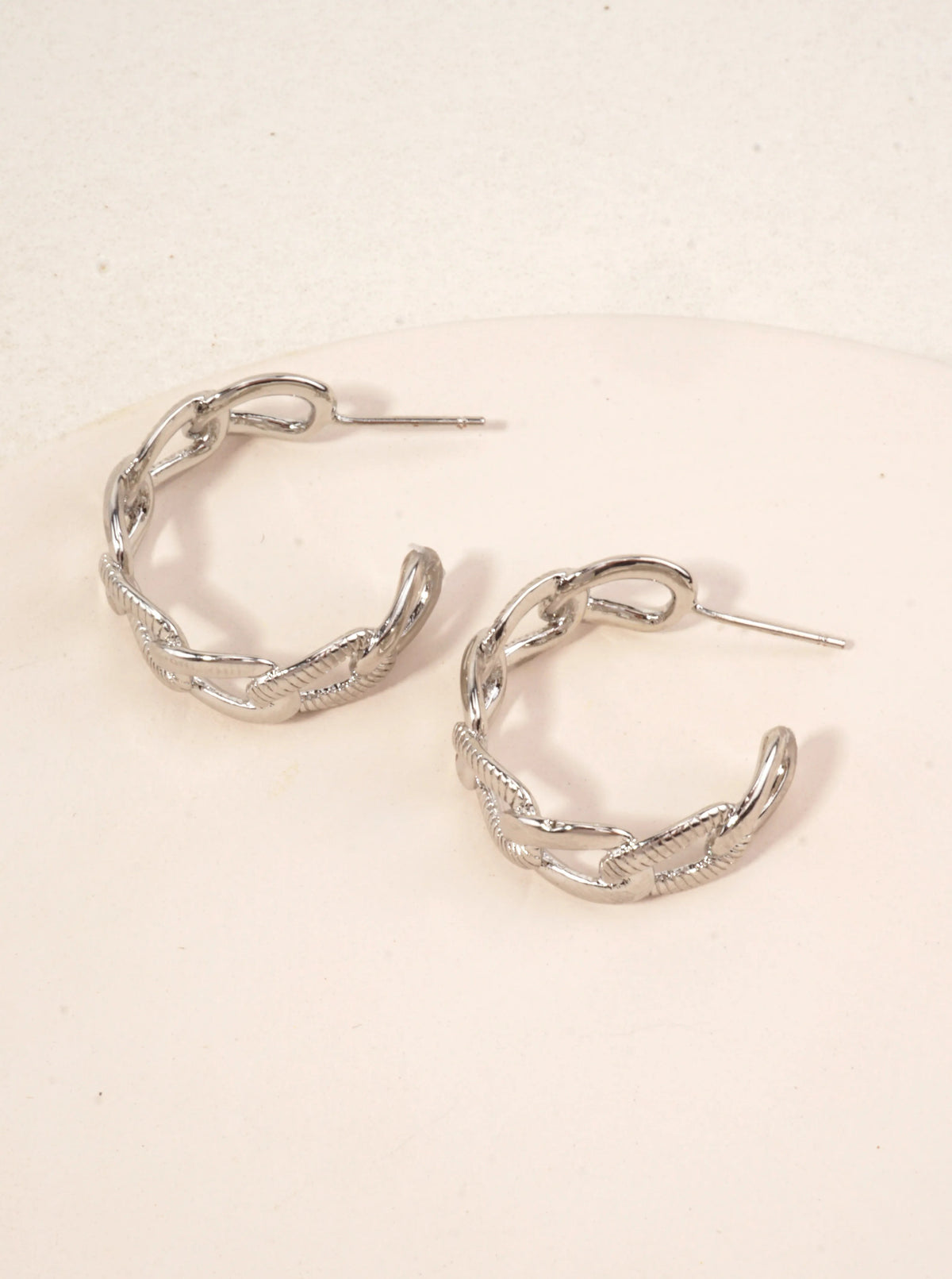 Brass Simulated Cuban Chain Hoop Earrings - White Gold Dipped