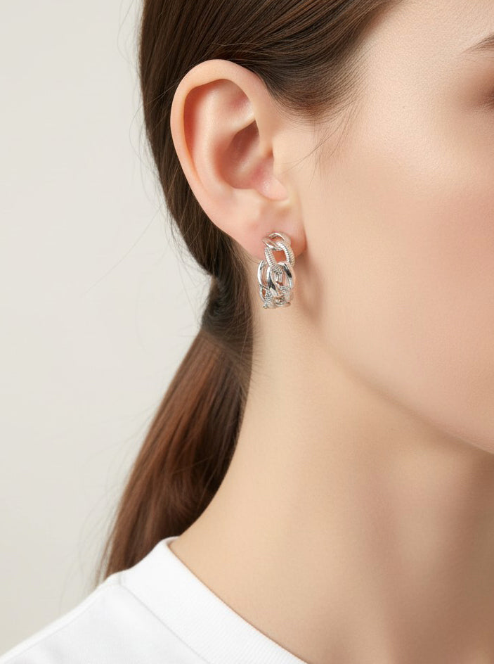 Brass Simulated Cuban Chain Hoop Earrings - White Gold Dipped