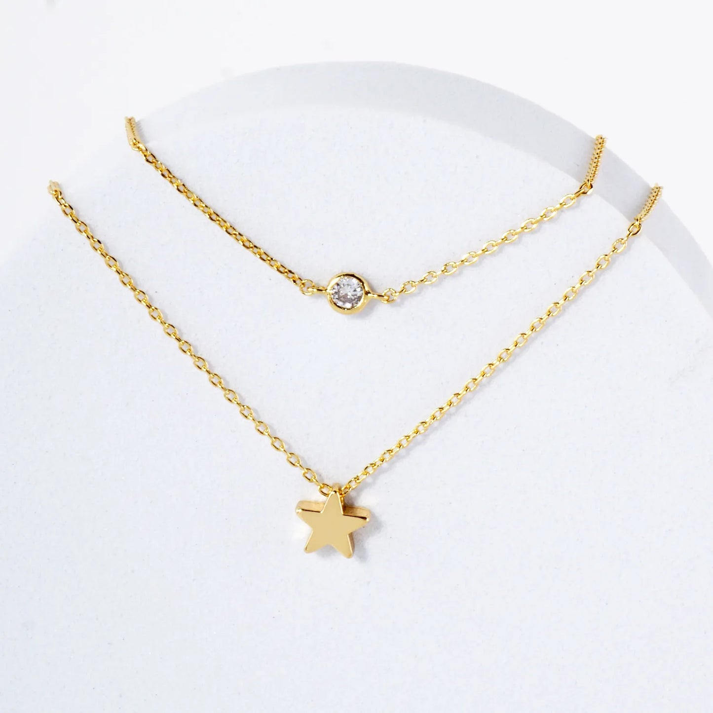 Brass Star CZ Pendant 18K-Gold-Dipped Layered Necklace