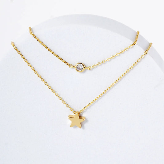 Brass Star CZ Pendant 18K-Gold-Dipped Layered Necklace