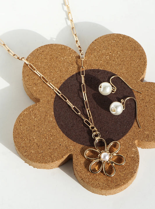 Brass Wire Flower Pendant Necklace With Earrings Set