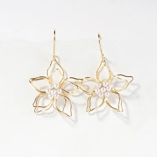Brass Wire Flower With Pearls Drop Earrings