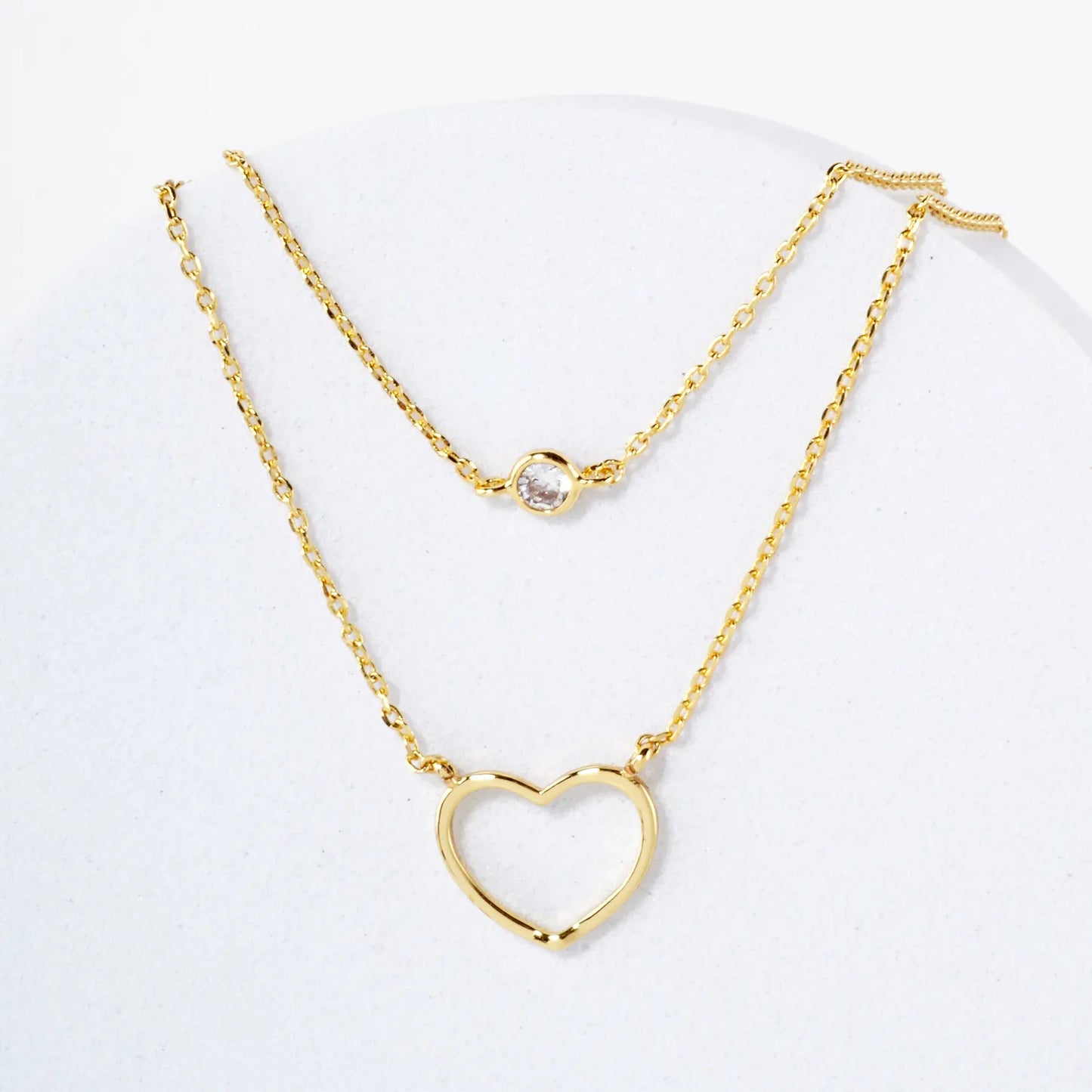 Brass Wire Heart CZ Pendant 18K-Gold-Dipped Layered Necklace