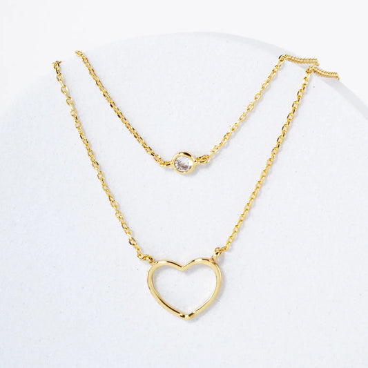Brass Wire Heart CZ Pendant 18K-Gold-Dipped Layered Necklace