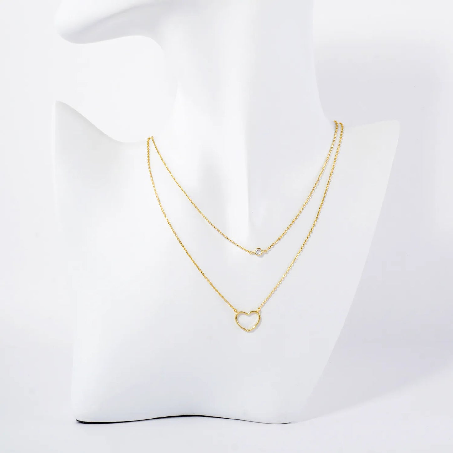 Brass Wire Heart CZ Pendant 18K-Gold-Dipped Layered Necklace