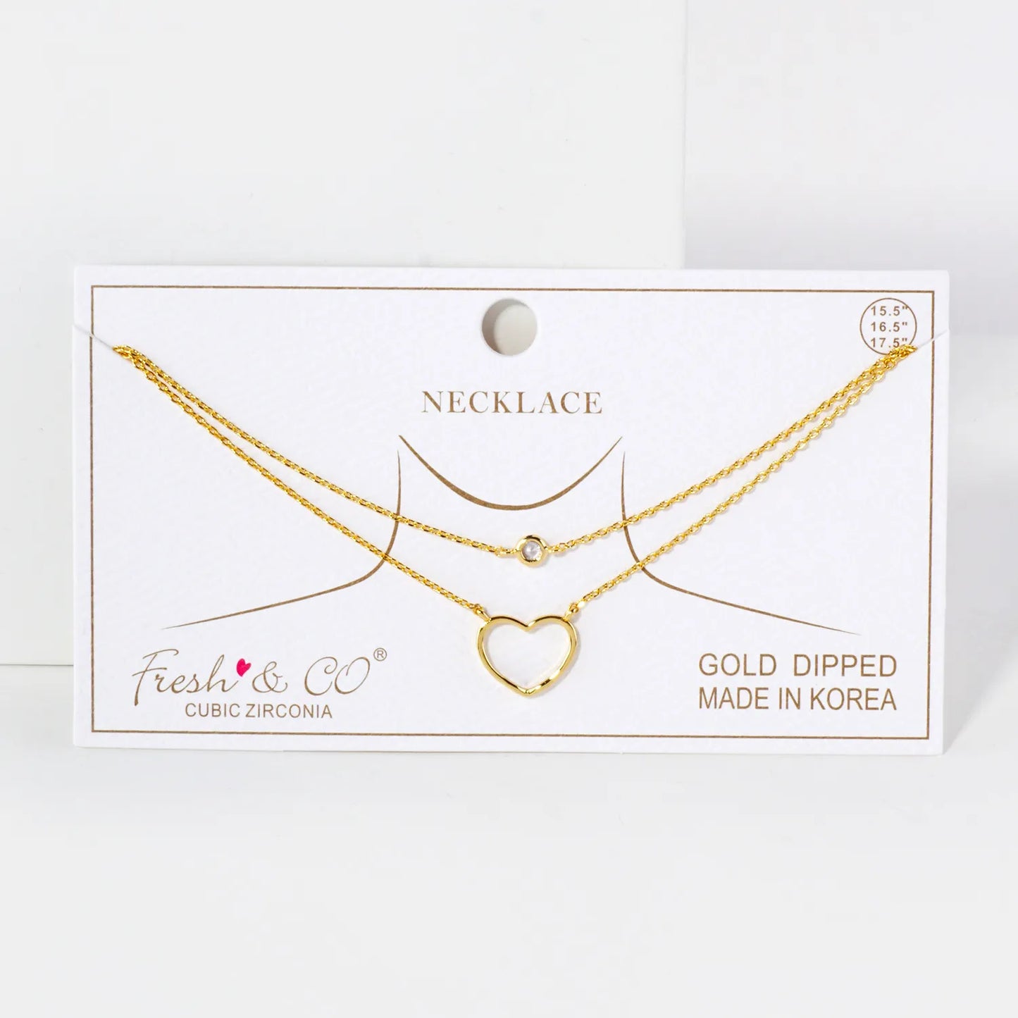 Brass Wire Heart CZ Pendant 18K-Gold-Dipped Layered Necklace