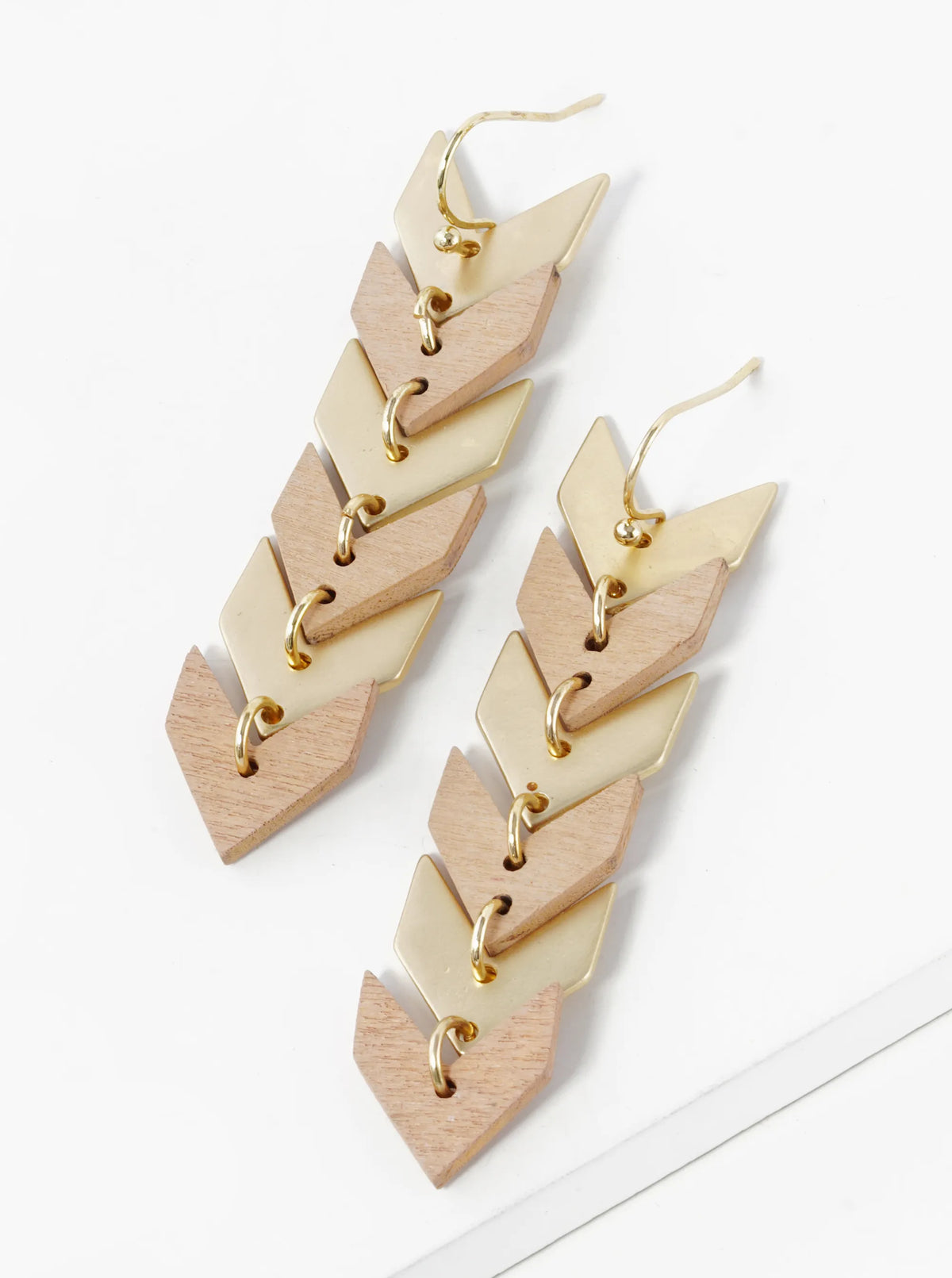Brass And Wooden Chevron Drop Dangle Earrings