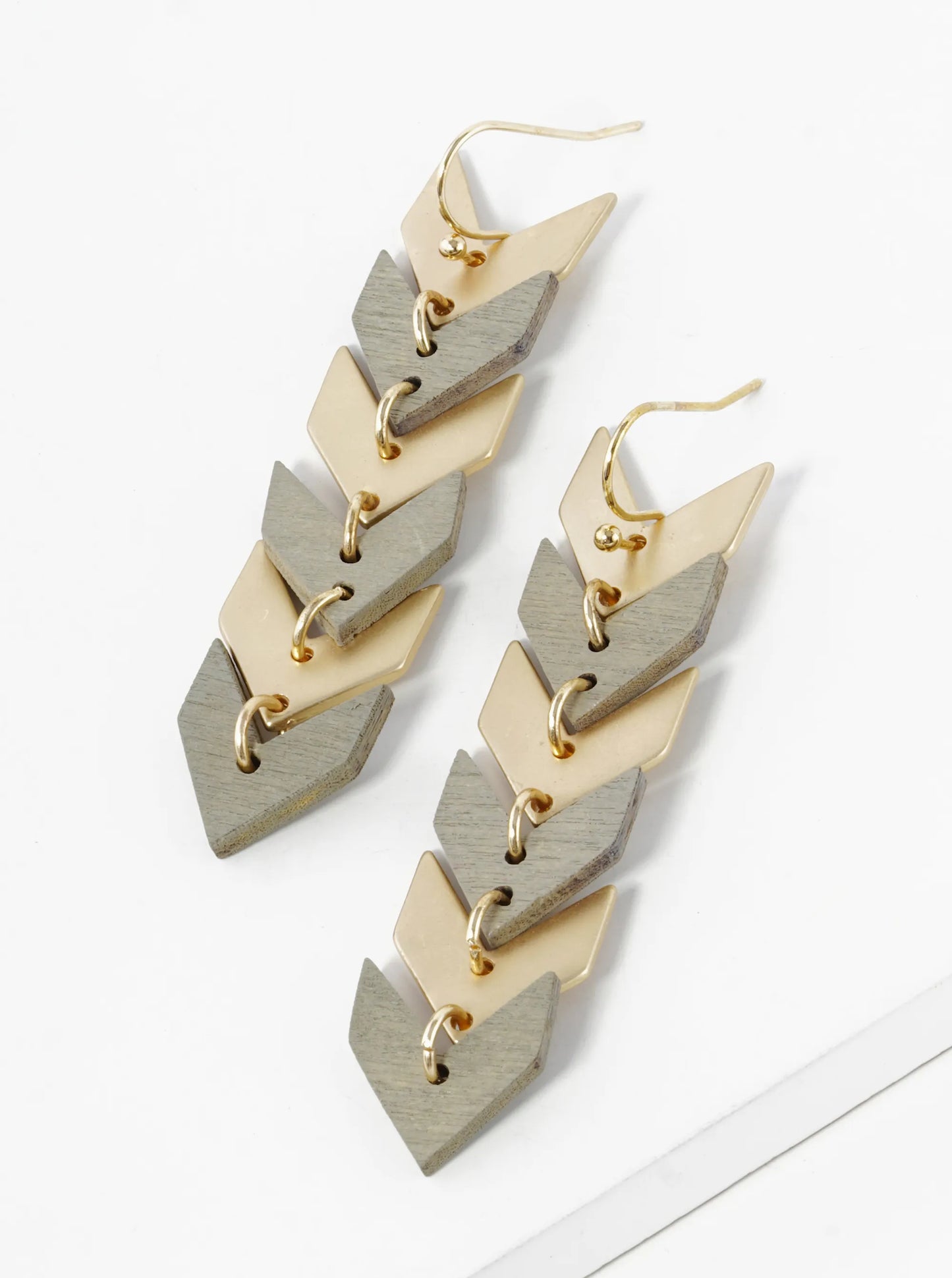 Brass And Wooden Chevron Drop Dangle Earrings