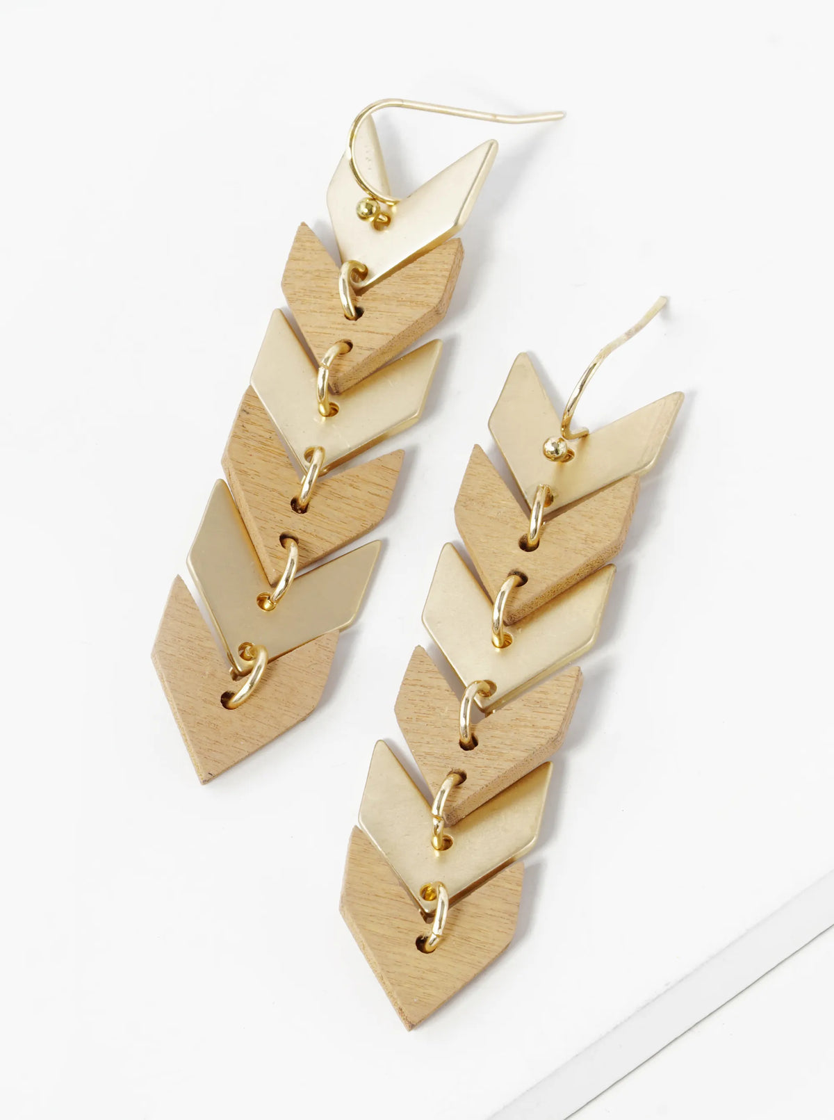 Brass And Wooden Chevron Drop Dangle Earrings