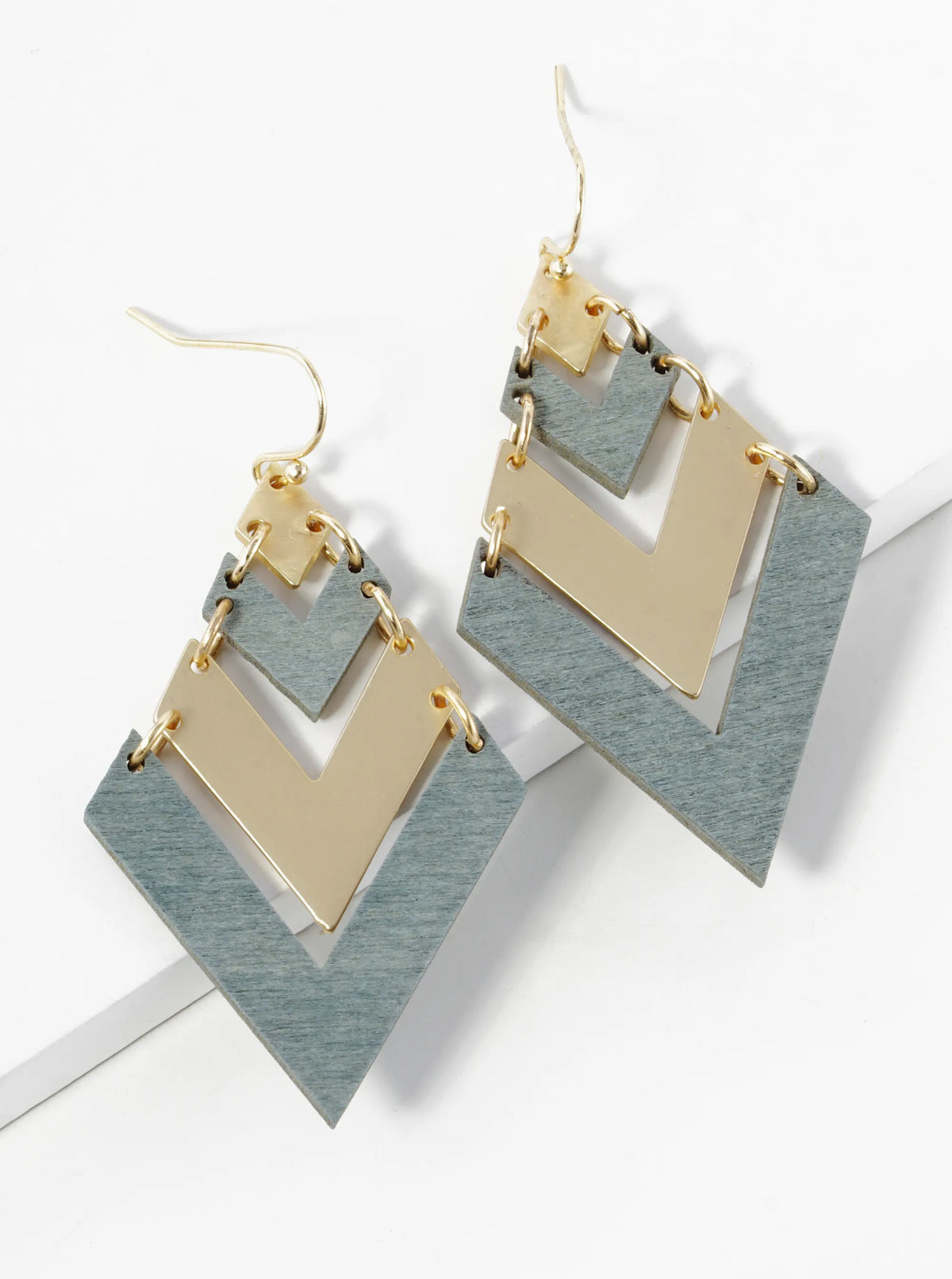 Brass And Wooden Chevron Drop Dangle Earrings