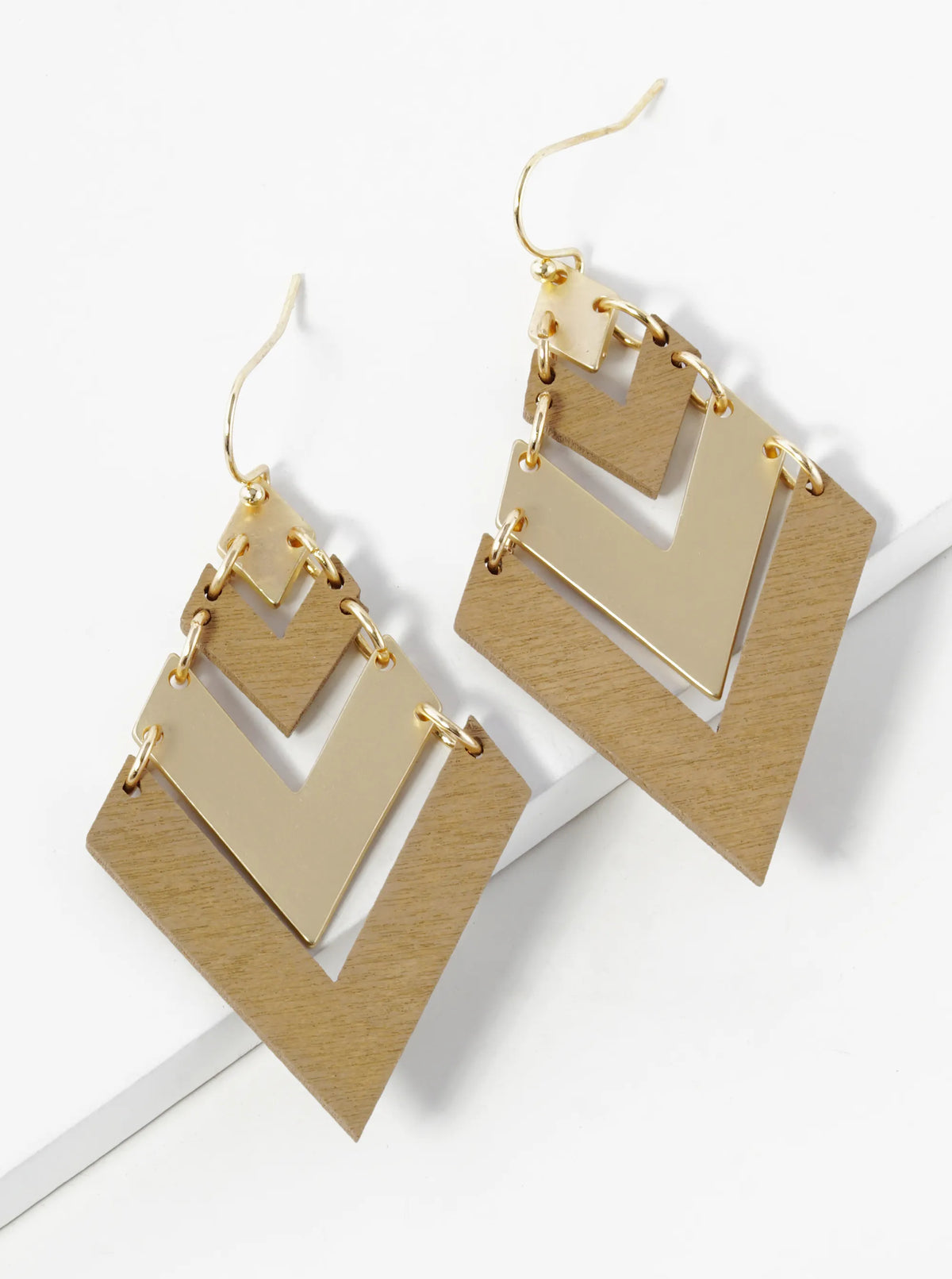Brass And Wooden Chevron Drop Dangle Earrings