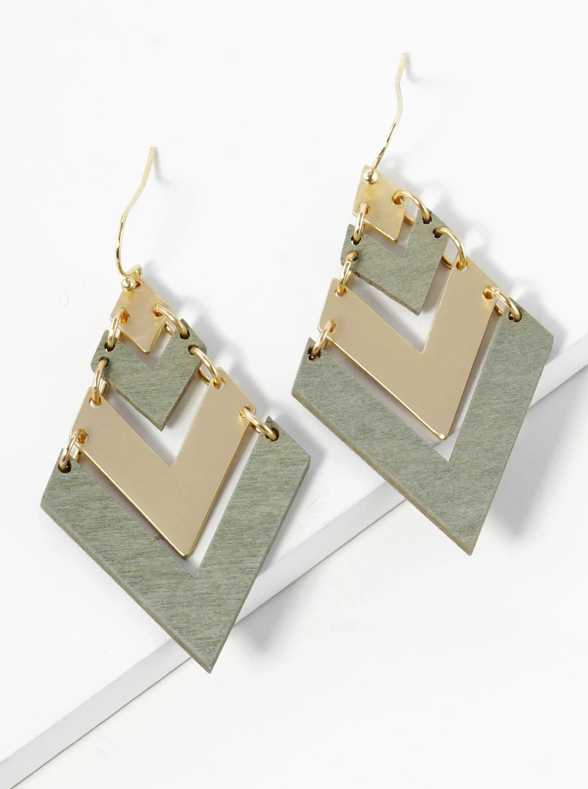 Brass And Wooden Chevron Drop Dangle Earrings