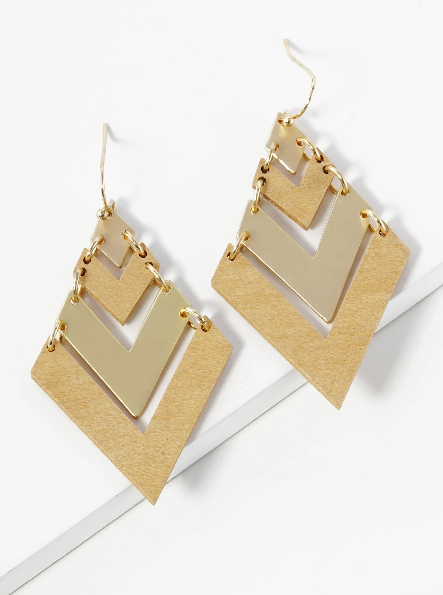 Brass And Wooden Chevron Drop Dangle Earrings