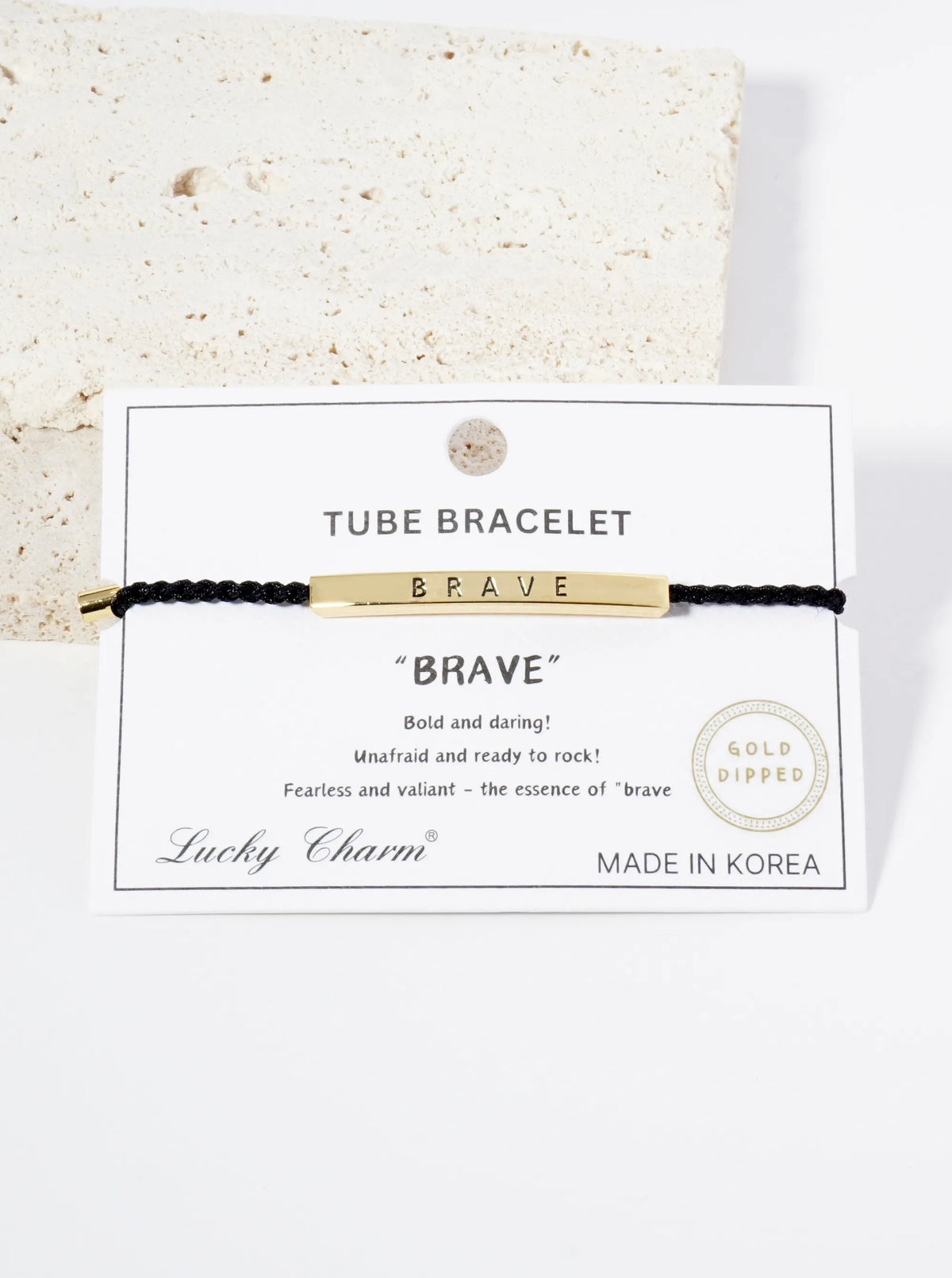 Brave Engraved 18K Gold Dipped Curved Brass Tube Bar Adjustable Pull Tie Bracelet