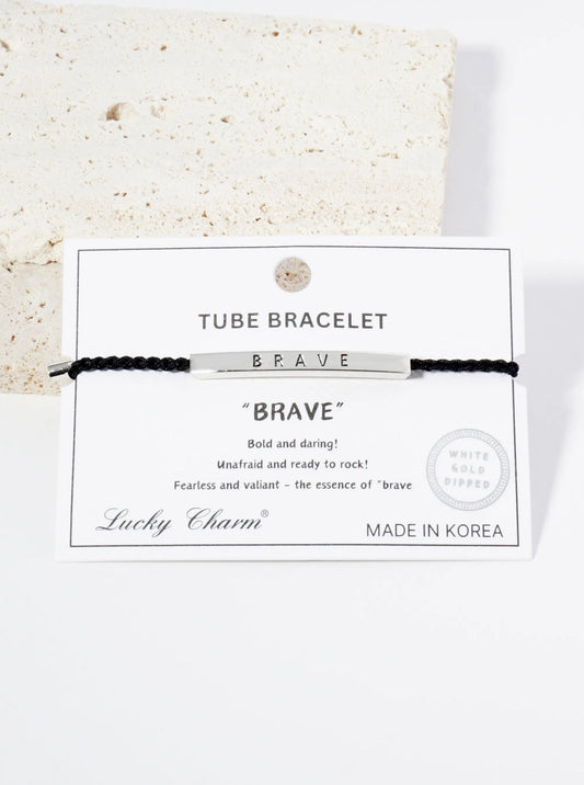 Brave Engraved 18K Gold Dipped Curved Brass Tube Bar Adjustable Pull Tie Bracelet