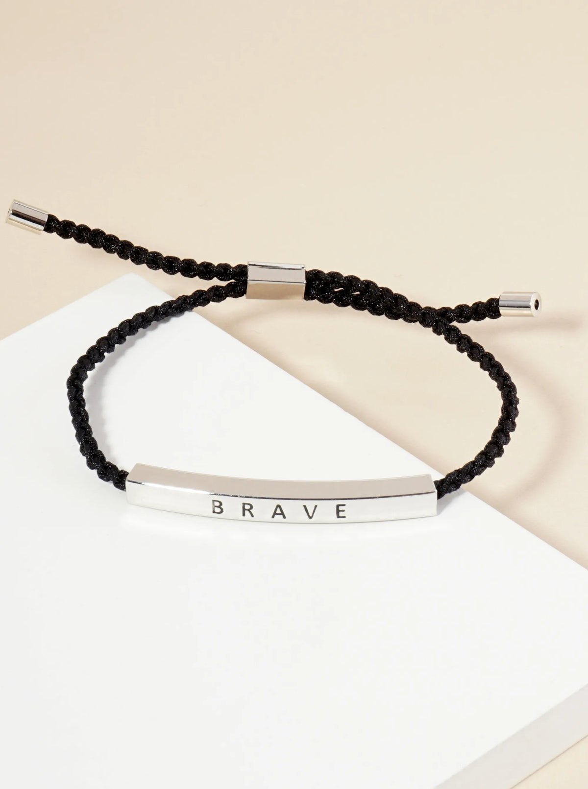 Brave Engraved 18K Gold Dipped Curved Brass Tube Bar Adjustable Pull Tie Bracelet