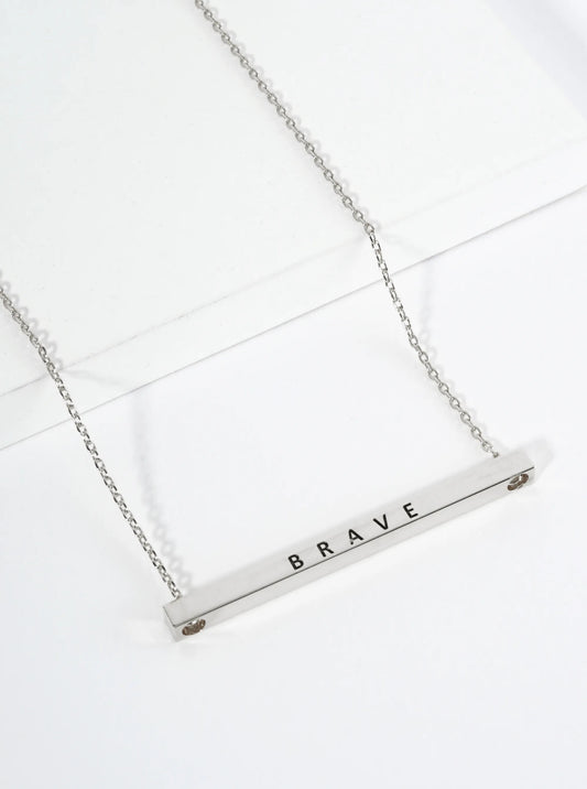 Brave Engraved 18K Gold Dipped Horizontal Brass Bar Pendant Inspirational Necklace