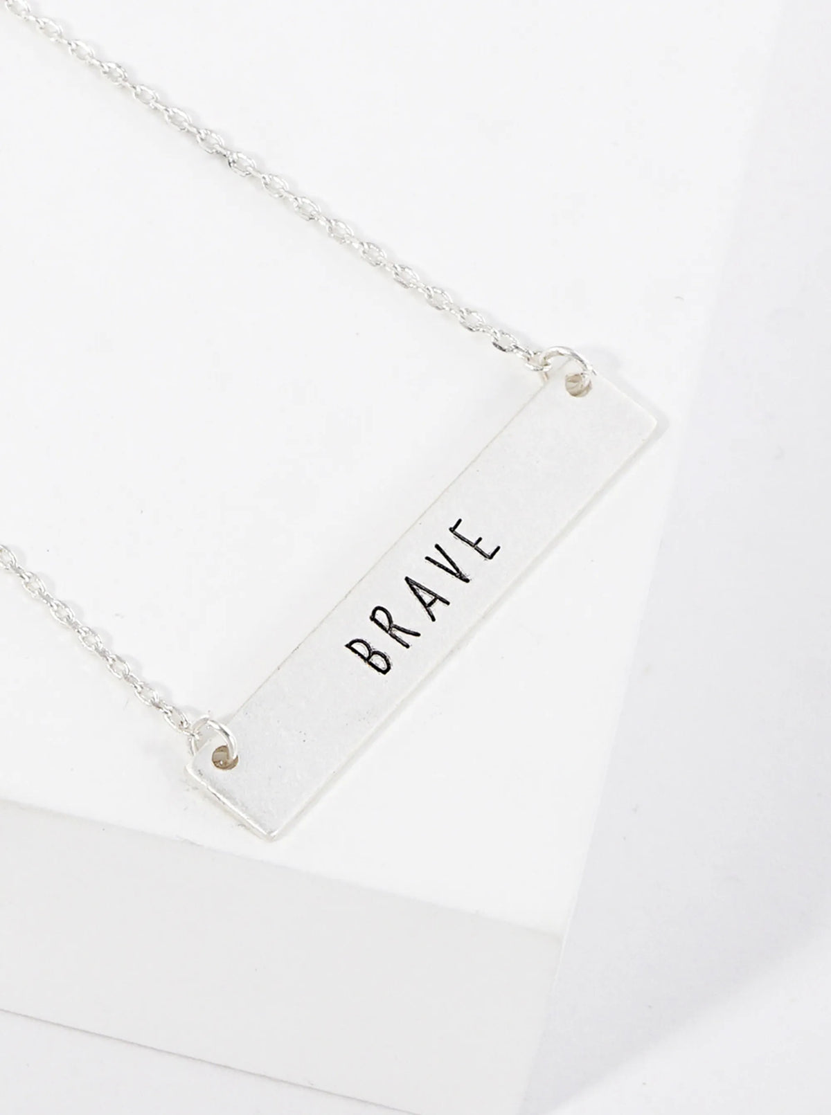 Brave Engraved Horizontal Bar Pendant Necklace