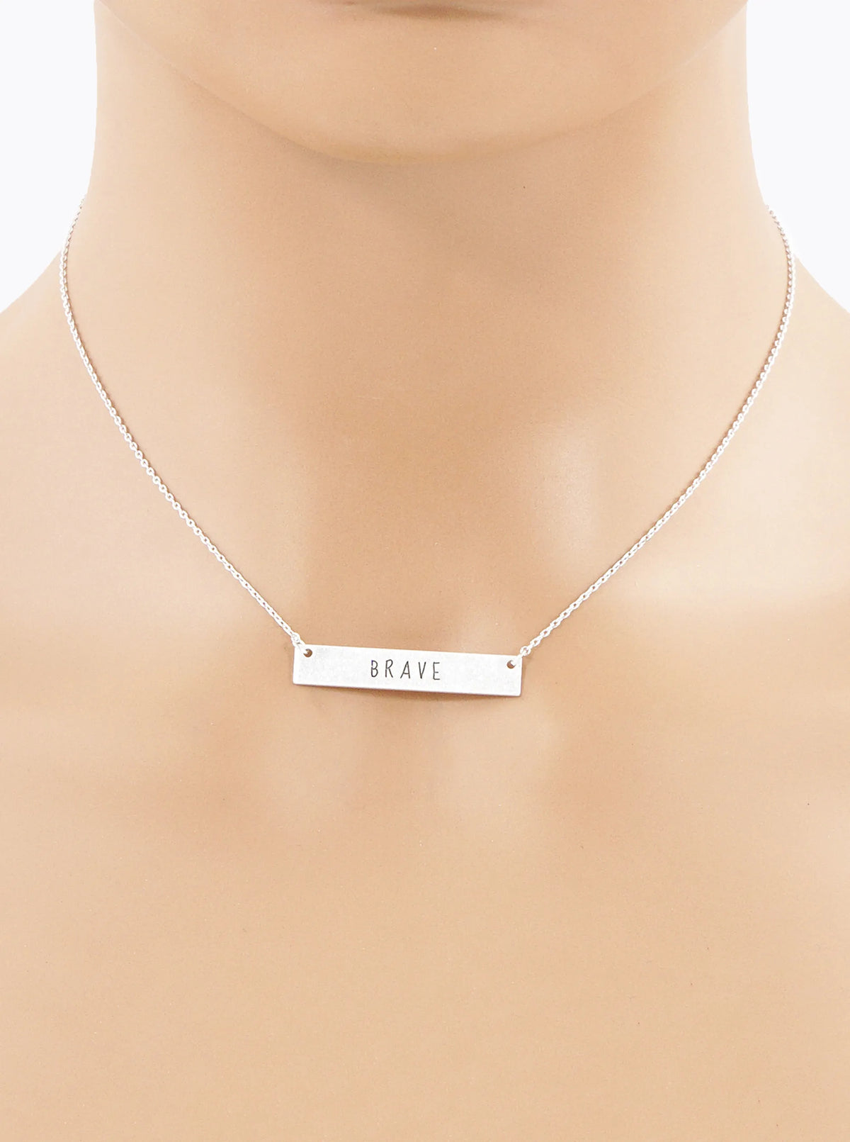 Brave Engraved Horizontal Bar Pendant Necklace
