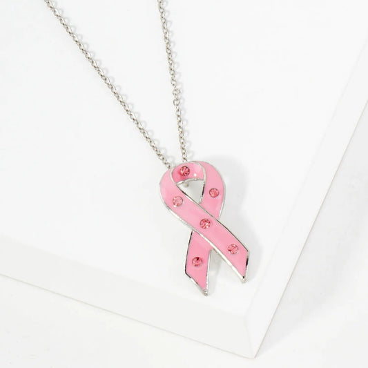 Breast Cancer Awareness Enamel Pink-Ribbon Pendant Necklace
