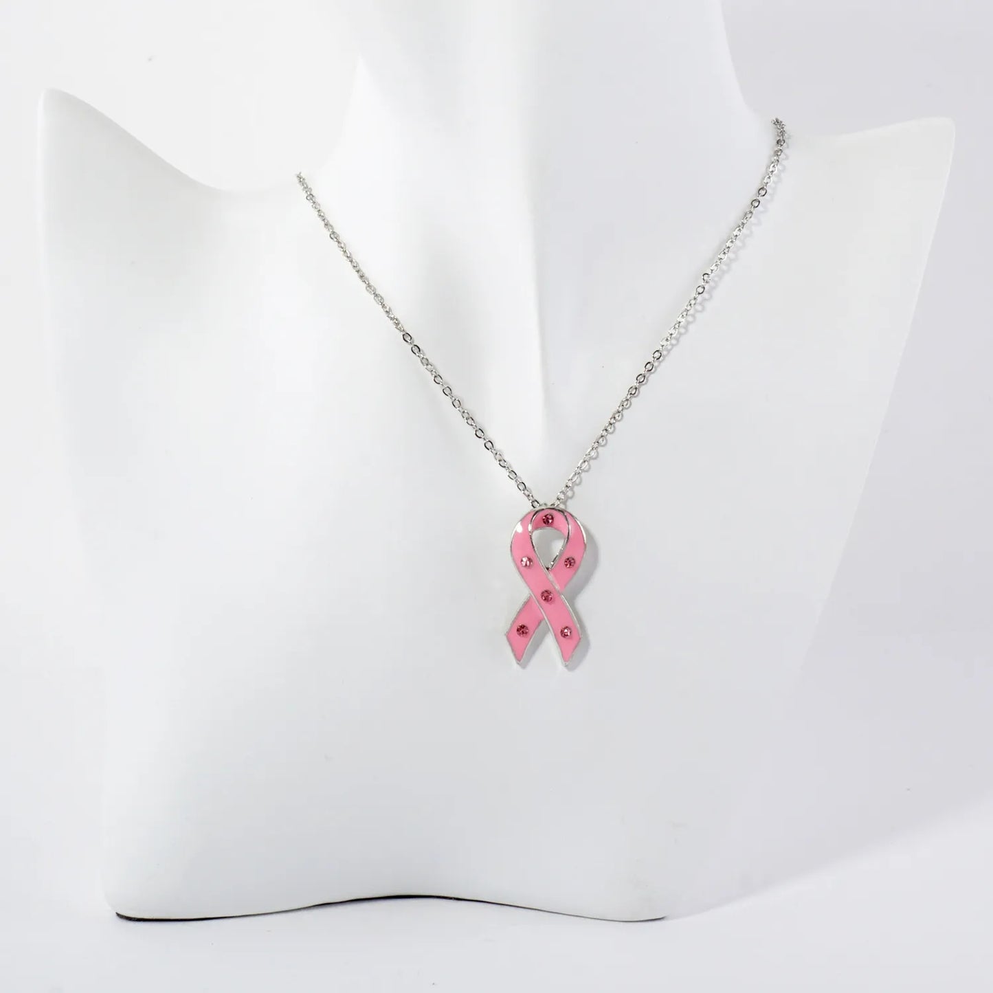 Breast Cancer Awareness Enamel Pink-Ribbon Pendant Necklace