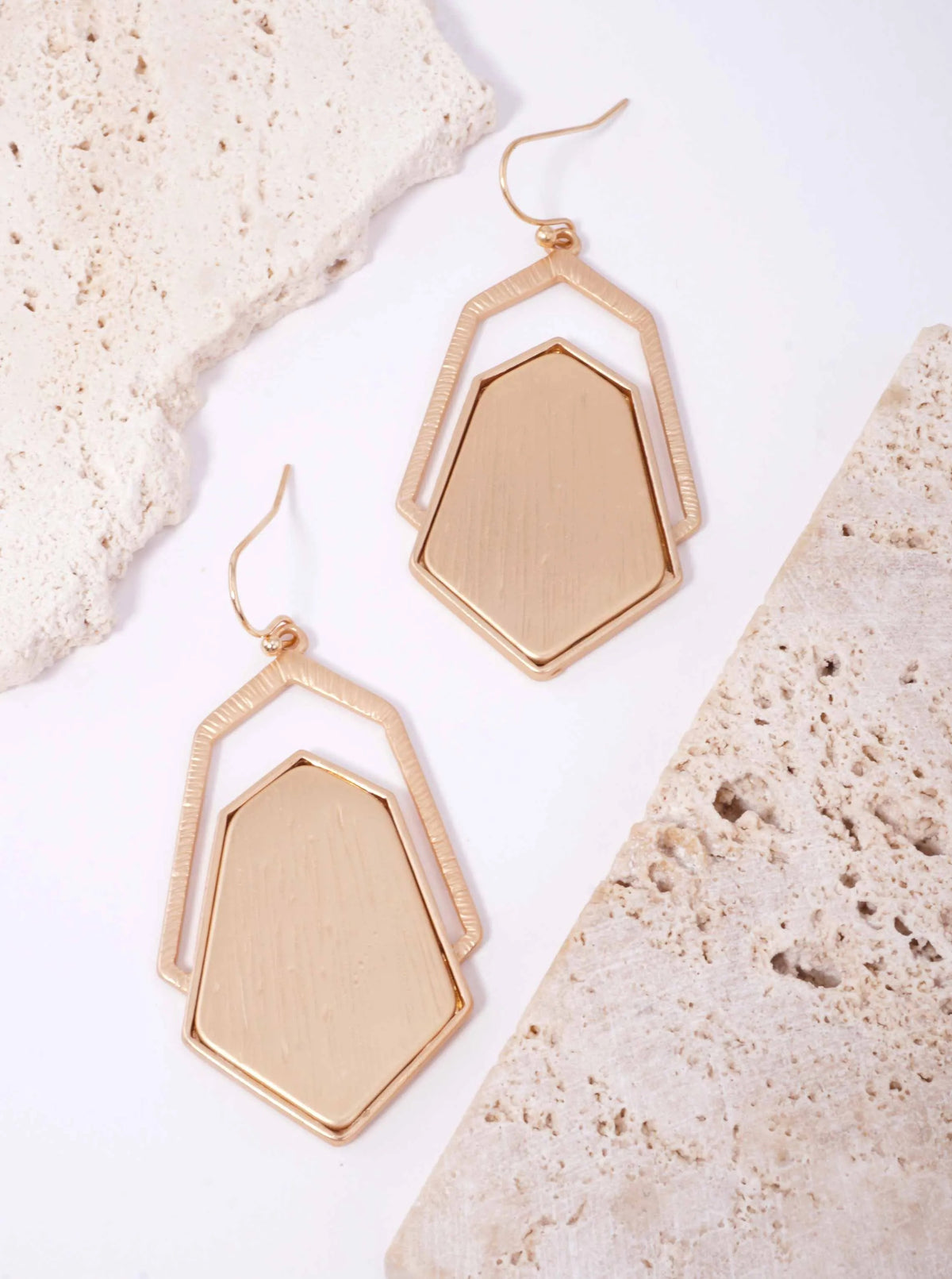Brushed Hexagon Layered Matte Drop Earrings - Matte Gold