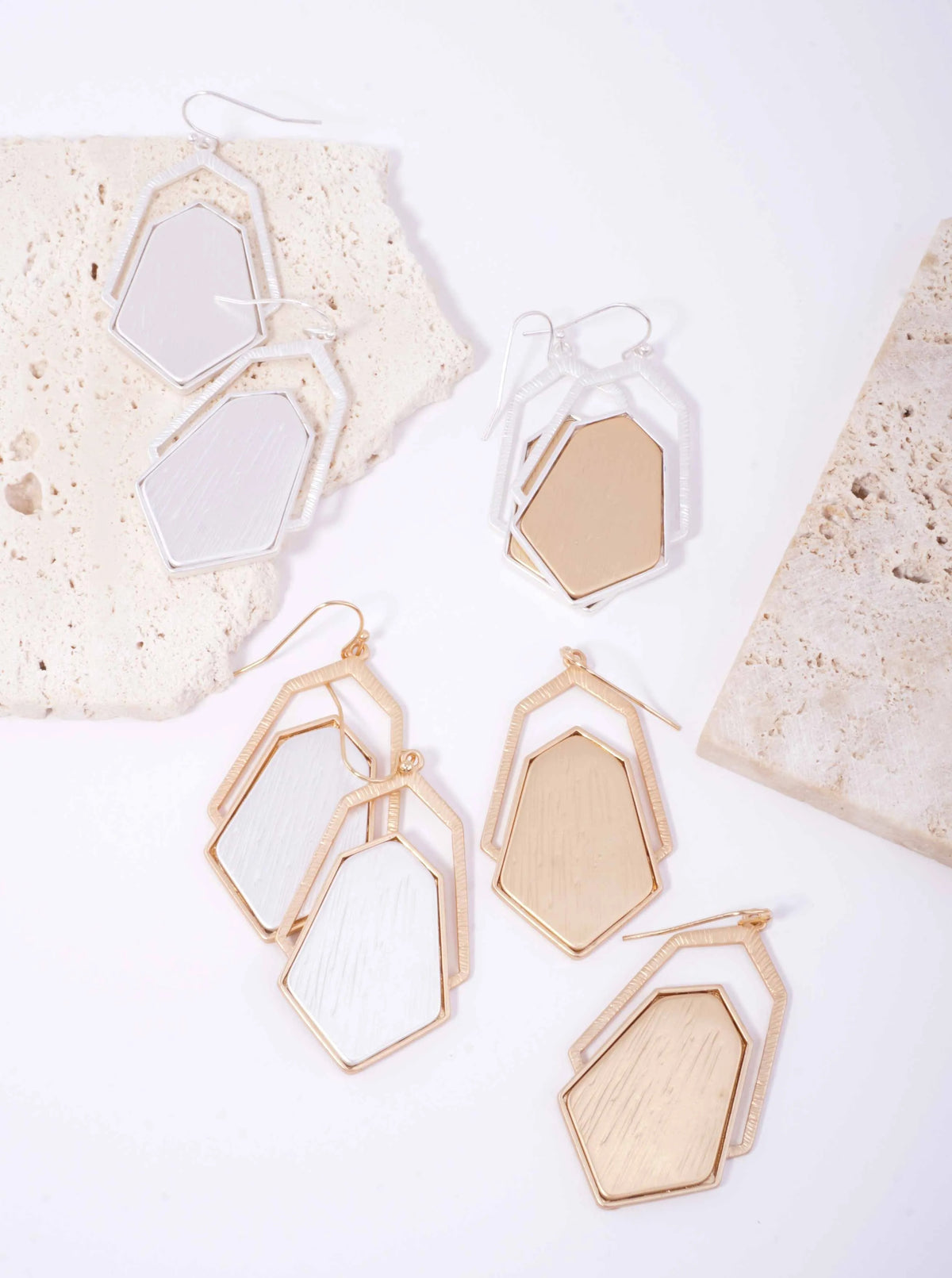 Brushed Hexagon Layered Matte Drop Earrings - Matte Gold