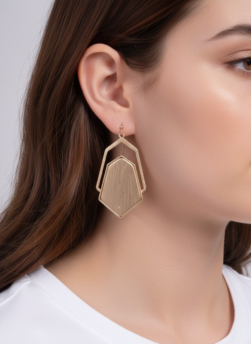 Brushed Hexagon Layered Matte Drop Earrings - Matte Gold