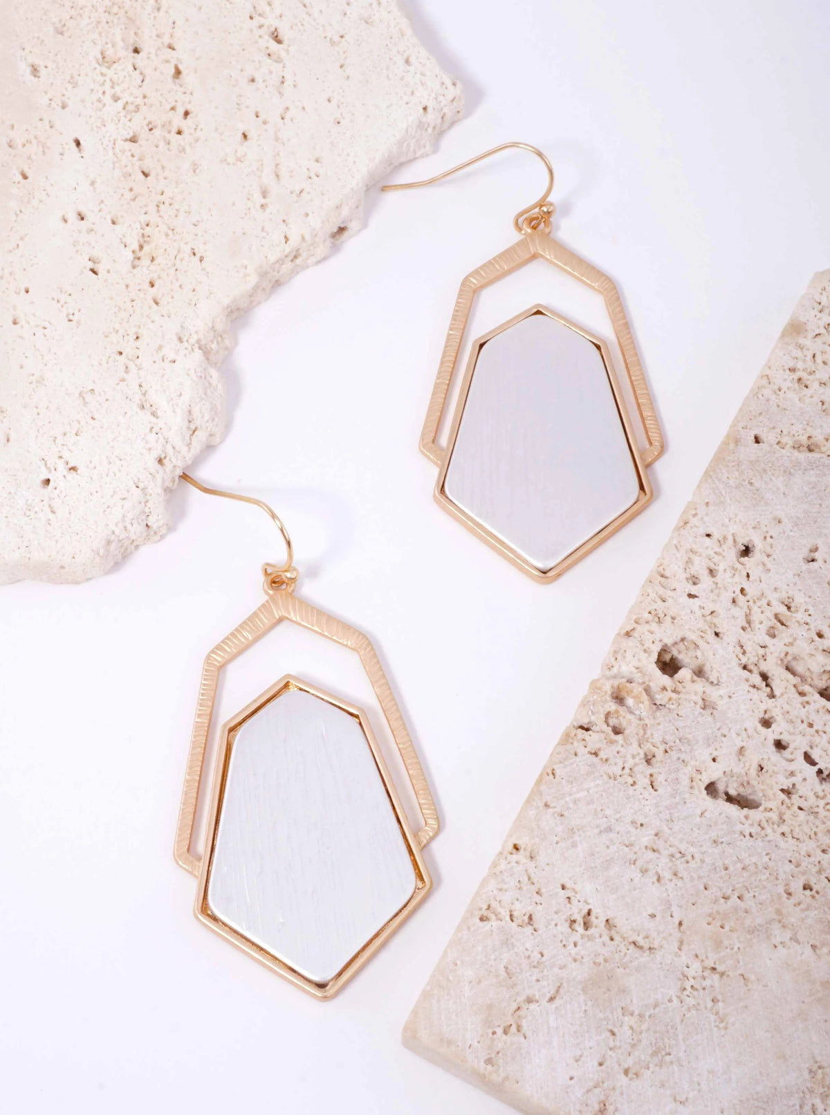Brushed Hexagon Layered Matte Drop Earrings - Matte Gold-Matte Silver