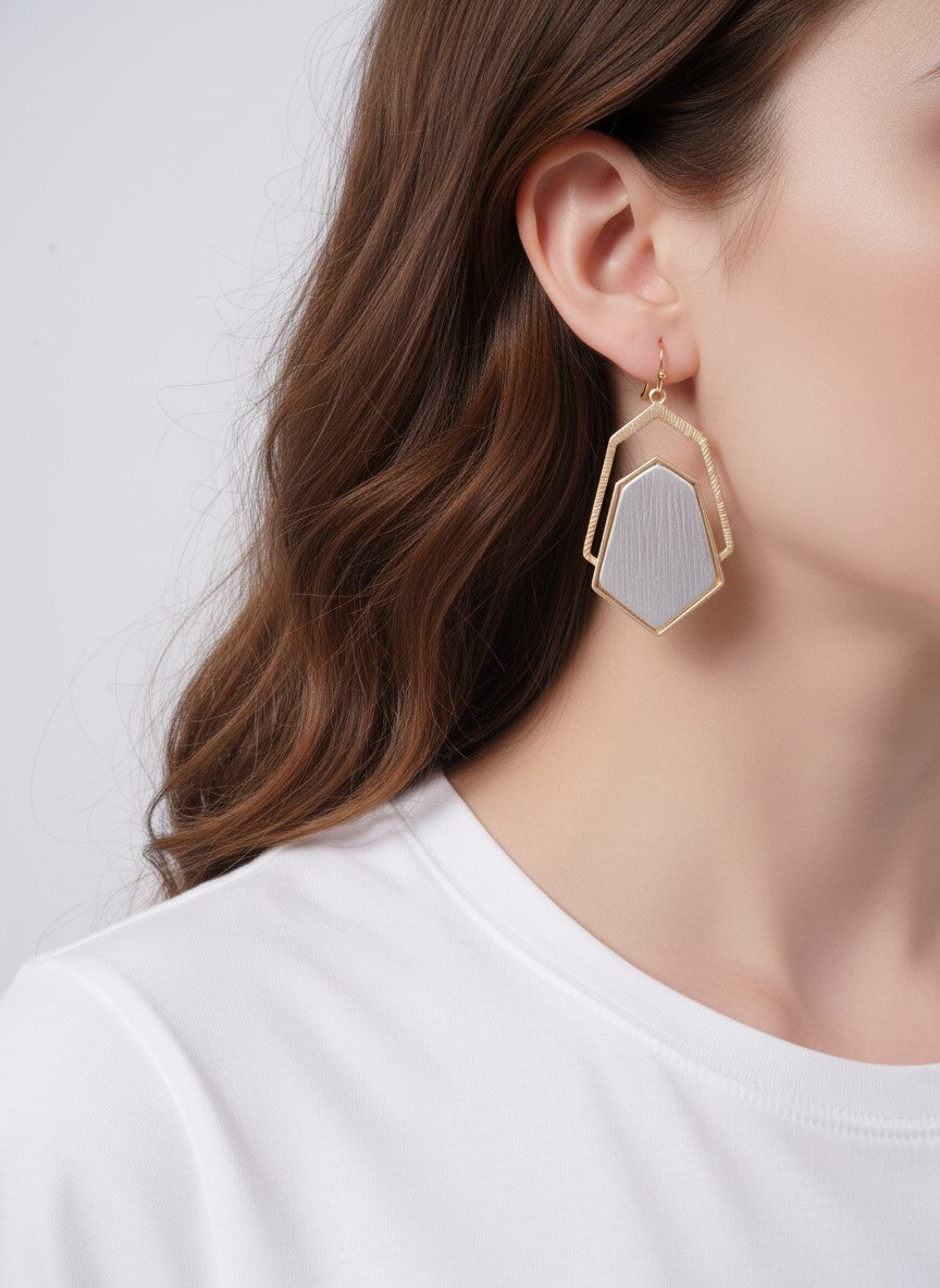 Brushed Hexagon Layered Matte Drop Earrings - Matte Gold-Matte Silver
