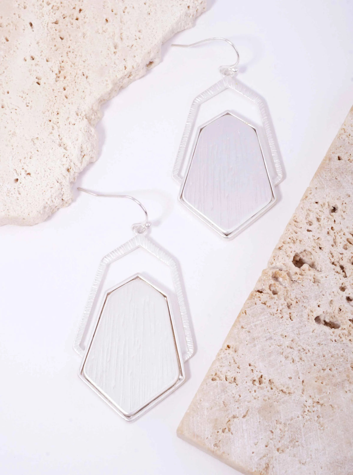 Brushed Hexagon Layered Matte Drop Earrings - Matte Silver