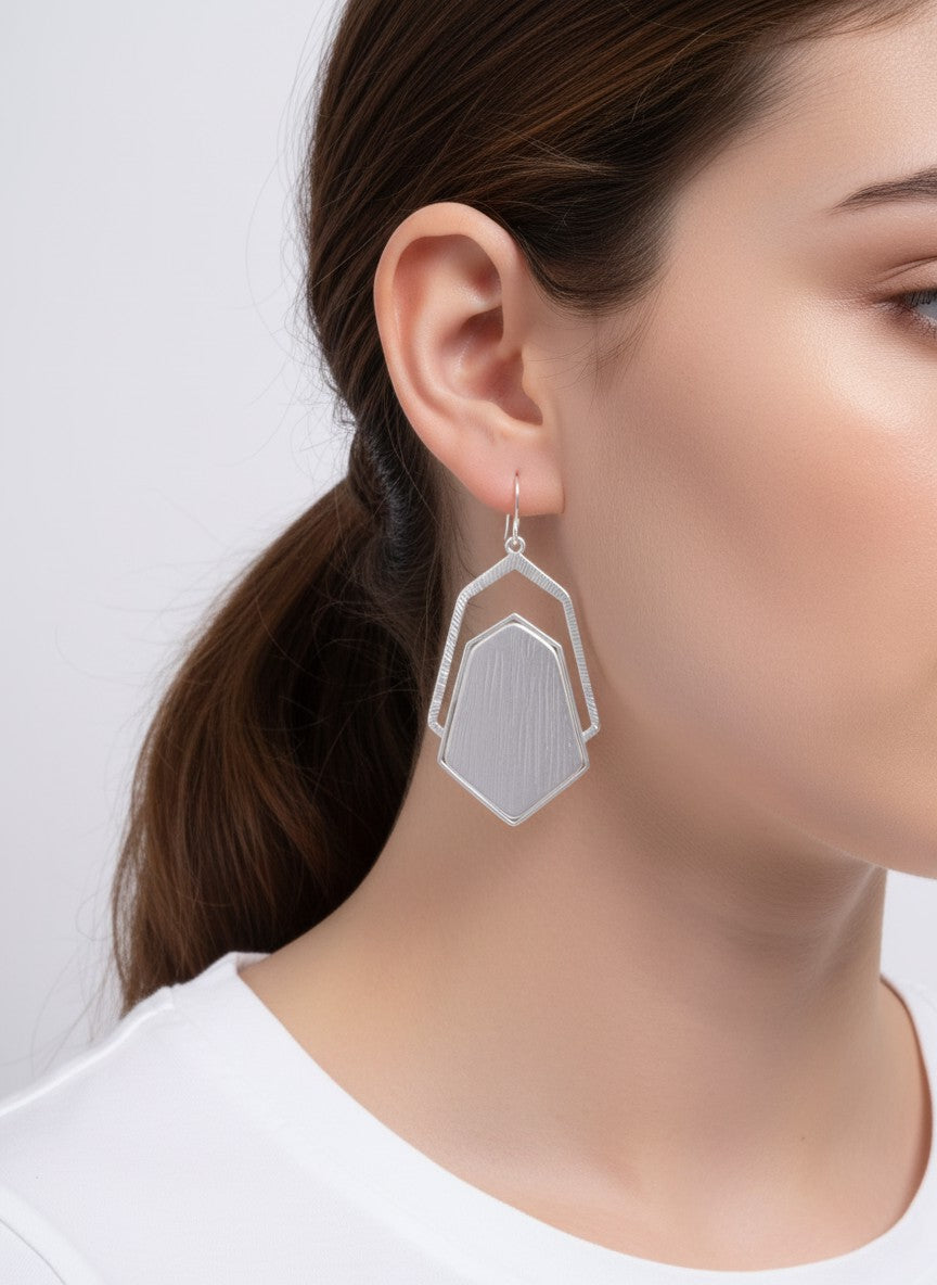 Brushed Hexagon Layered Matte Drop Earrings - Matte Silver