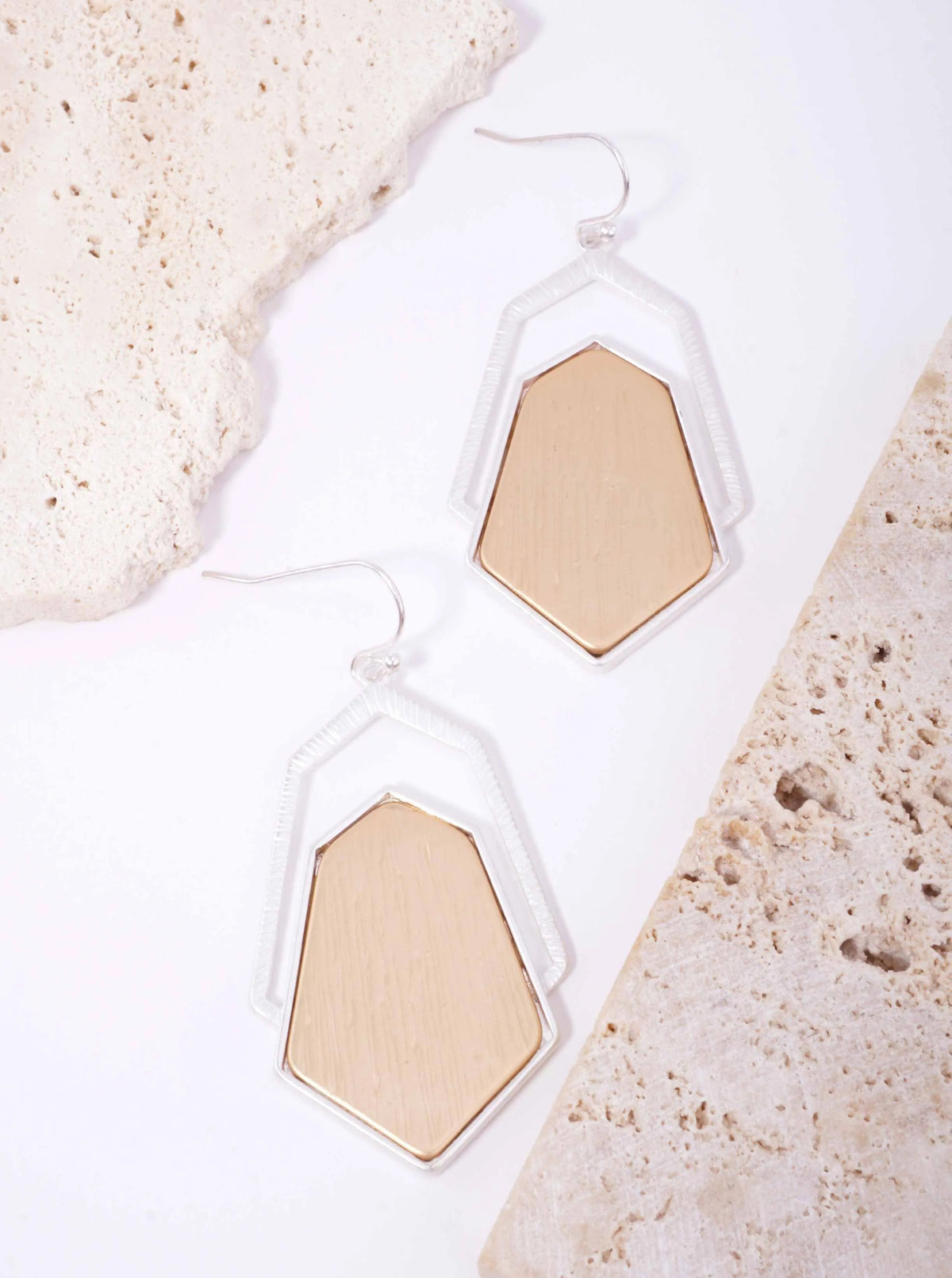 Brushed Hexagon Layered Matte Drop Earrings - Matte Silver-Matte Gold