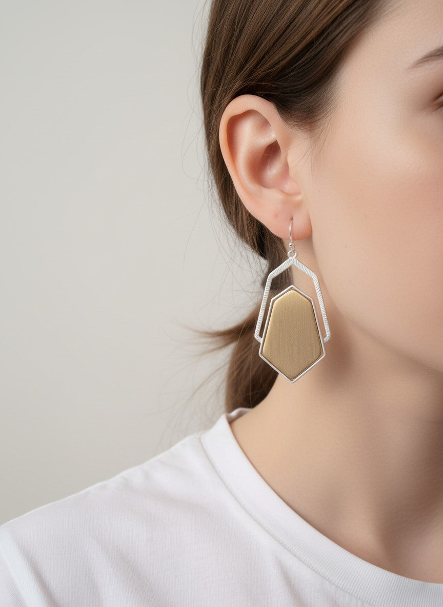 Brushed Hexagon Layered Matte Drop Earrings - Matte Silver-Matte Gold