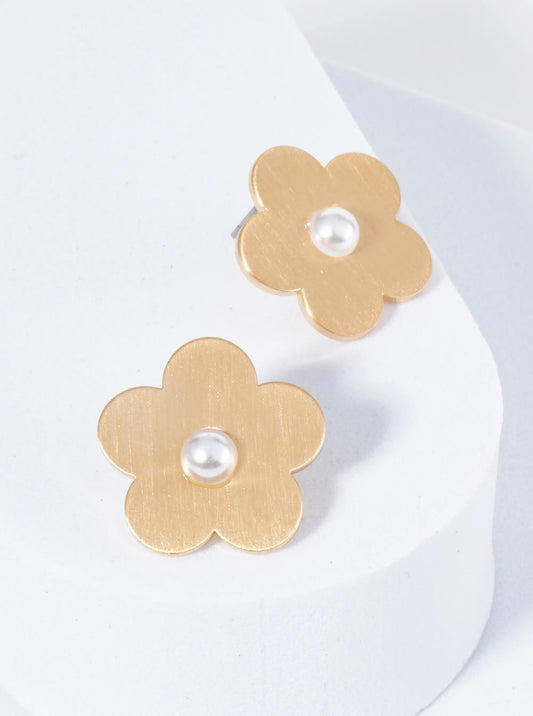 Brushed Metal 20mm Pearl Flower Stud Earrings