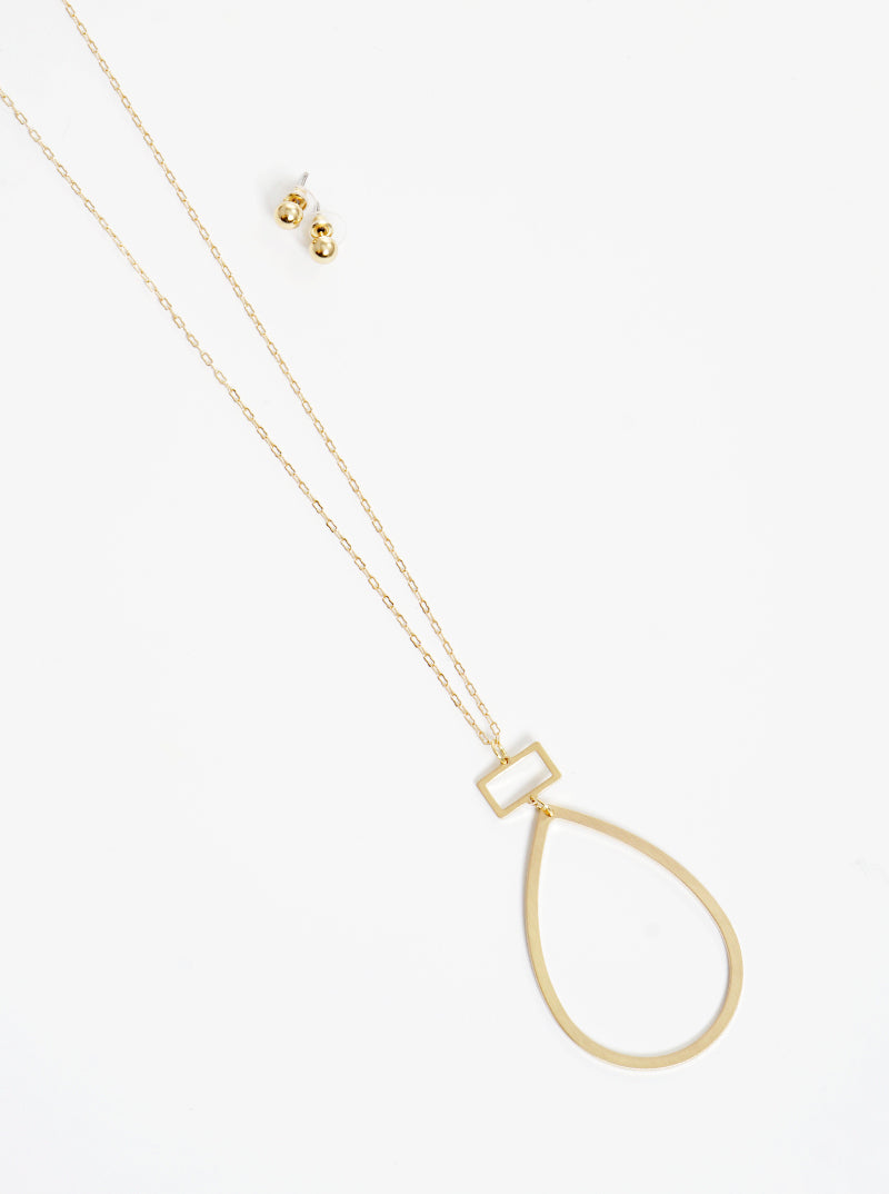 Brushed Metal Cut Out Teardrop Pendant Lightweight Long Necklace Set With Earrings