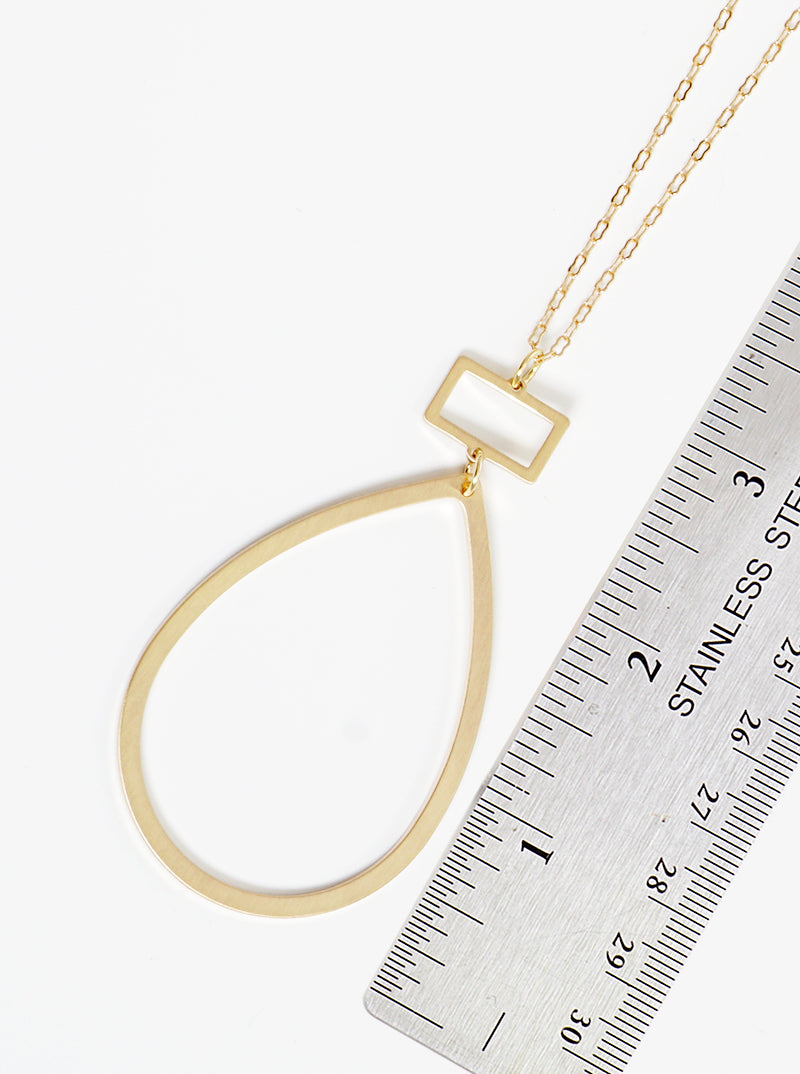 Brushed Metal Cut Out Teardrop Pendant Lightweight Long Necklace Set With Earrings