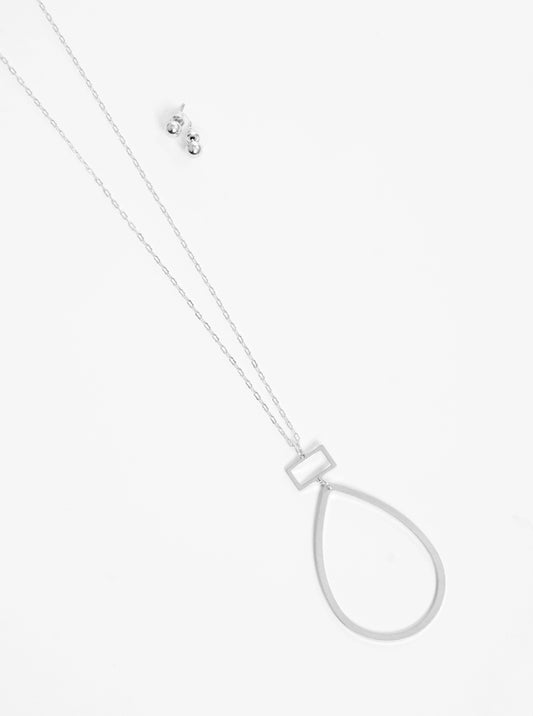 Brushed Metal Cut Out Teardrop Pendant Lightweight Long Necklace Set With Earrings