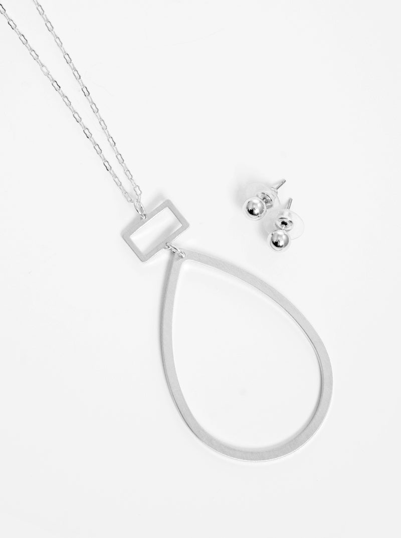 Brushed Metal Cut Out Teardrop Pendant Lightweight Long Necklace Set With Earrings