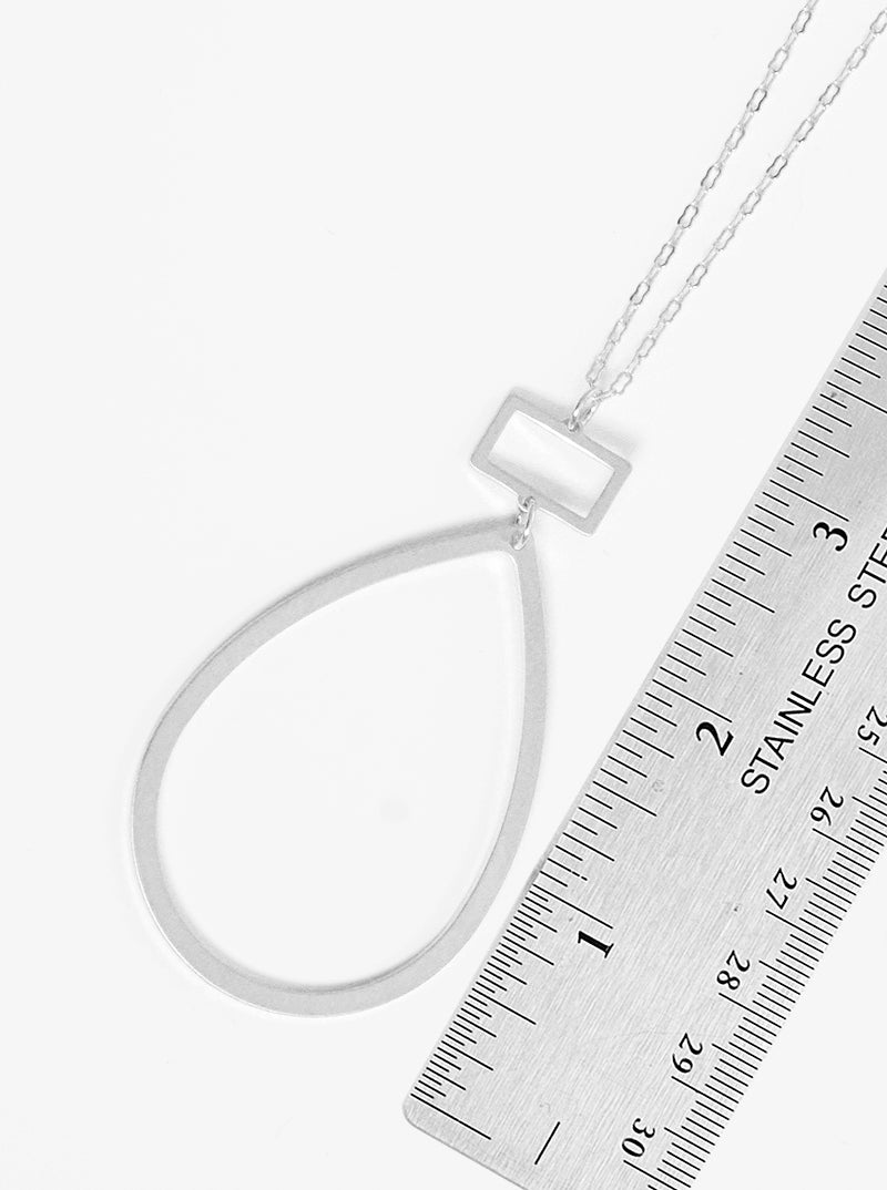 Brushed Metal Cut Out Teardrop Pendant Lightweight Long Necklace Set With Earrings