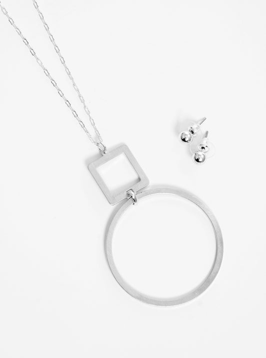Brushed Metal Cutout Geometric Pendant Lightweight Long Necklace