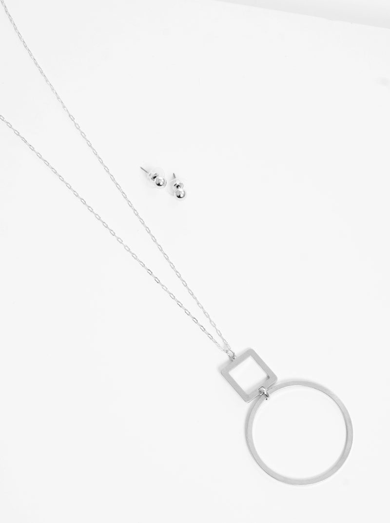 Brushed Metal Cutout Geometric Pendant Lightweight Long Necklace