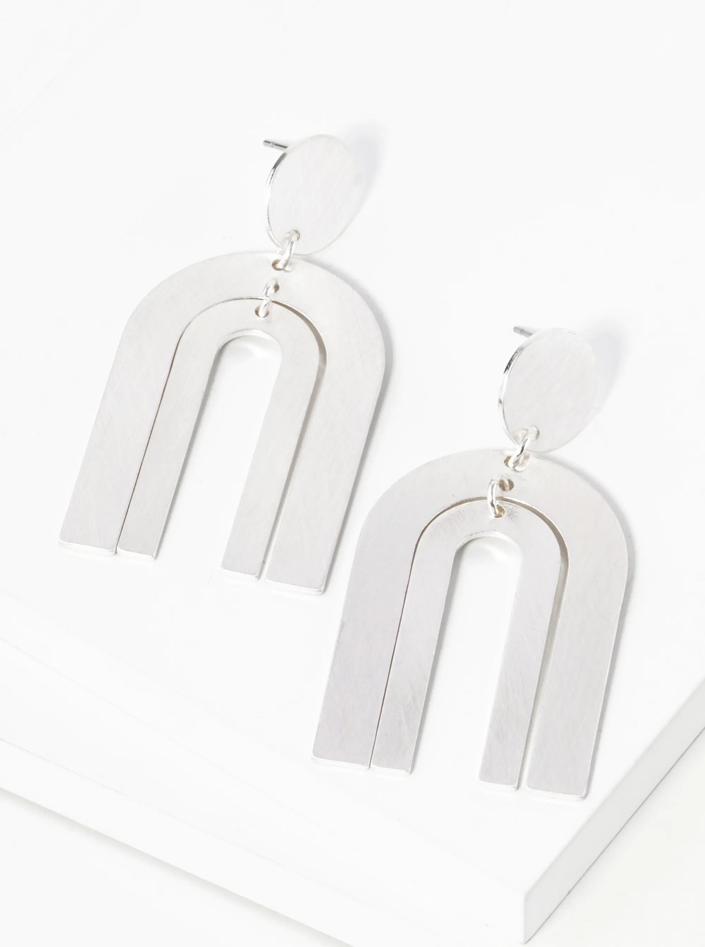 Brushed Metal Geometric U-Shape Oval Post Dangle Earrings