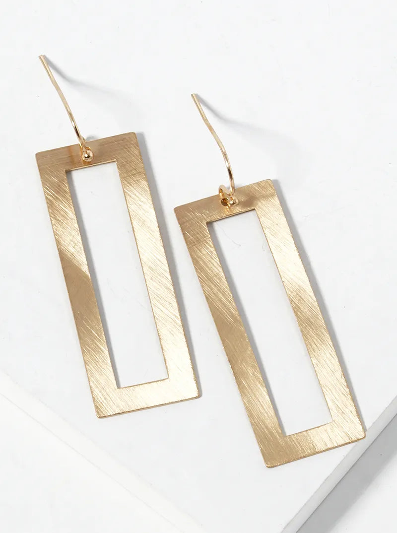 Brushed Metal Rectangle Fishhook Dangle Drop Earrings