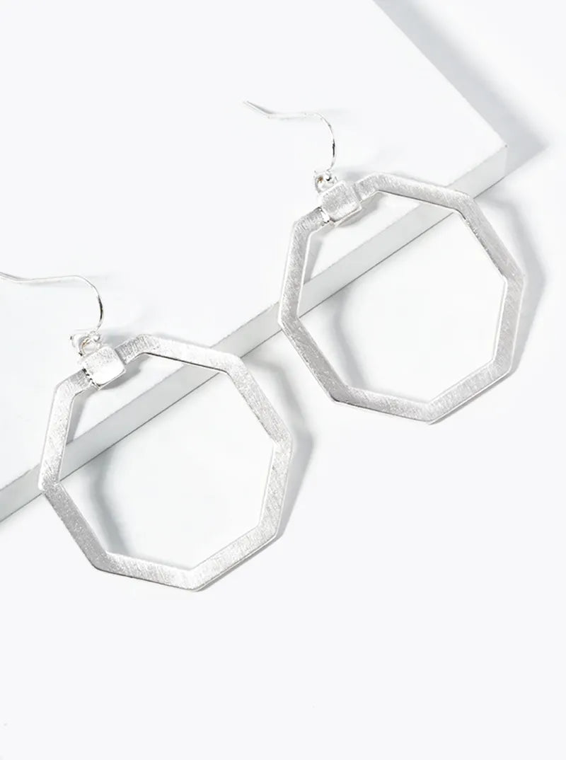 Brushed Metal Texture Octagon Drop Dangle Earrings
