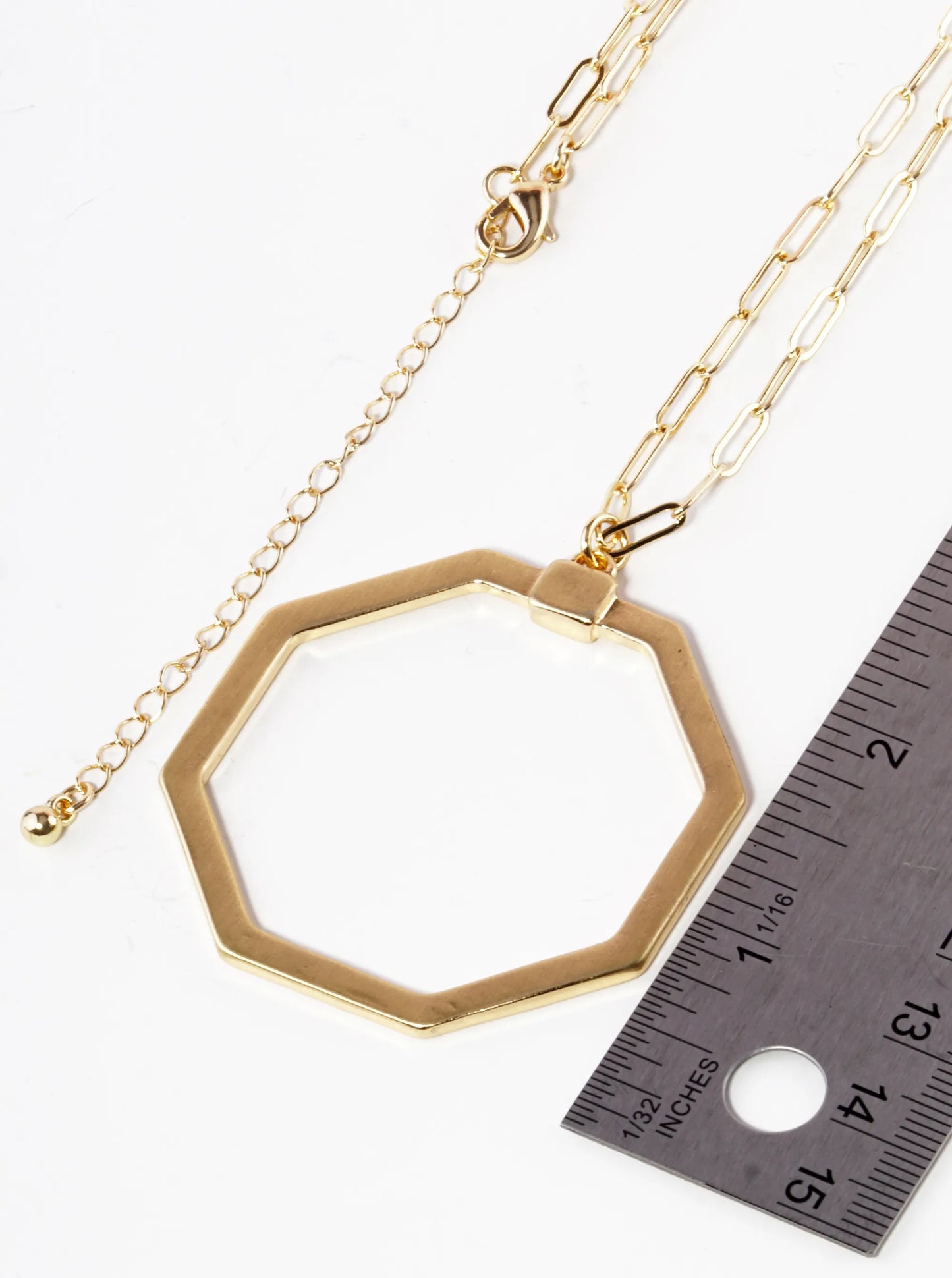 Brushed Satin Metal Octagon Pendant 32 Inch Long Necklace