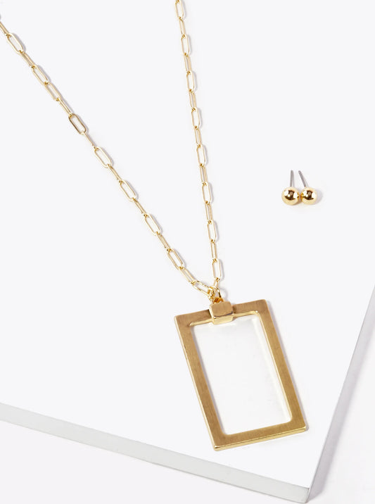Brushed Satin Metal Rectangle Pendant 32 Inch Long Necklace