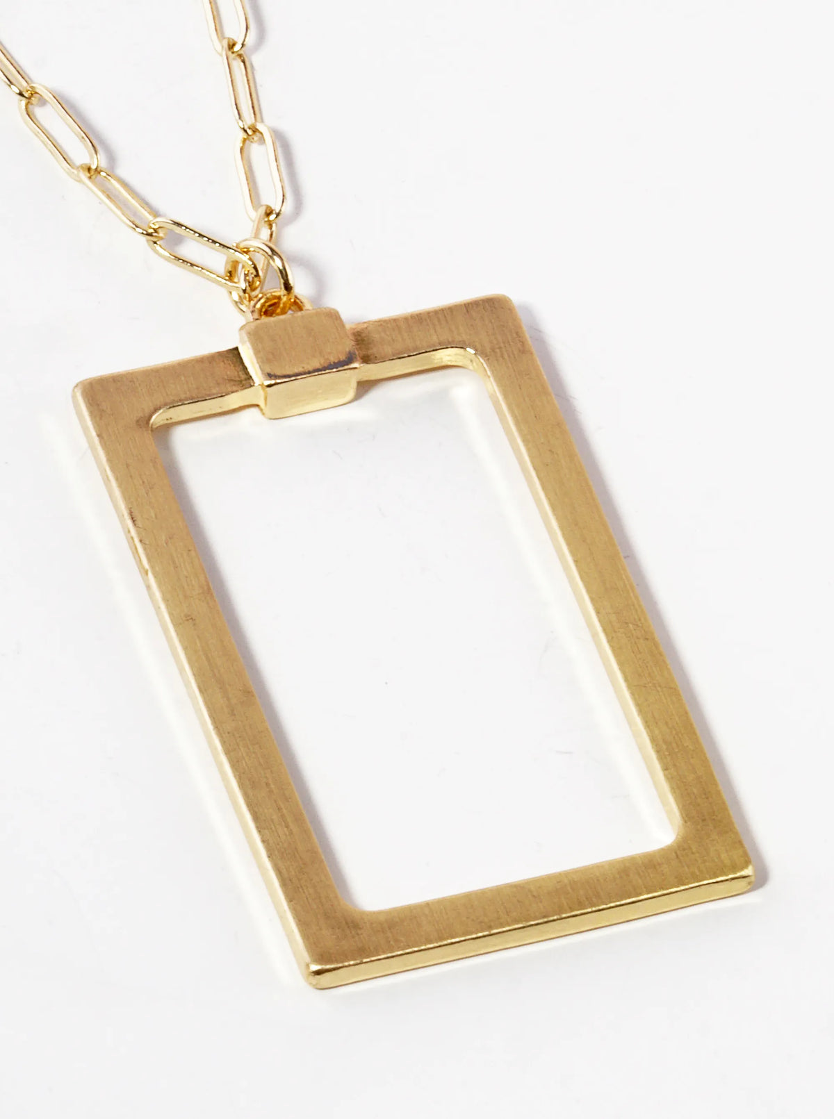 Brushed Satin Metal Rectangle Pendant 32 Inch Long Necklace