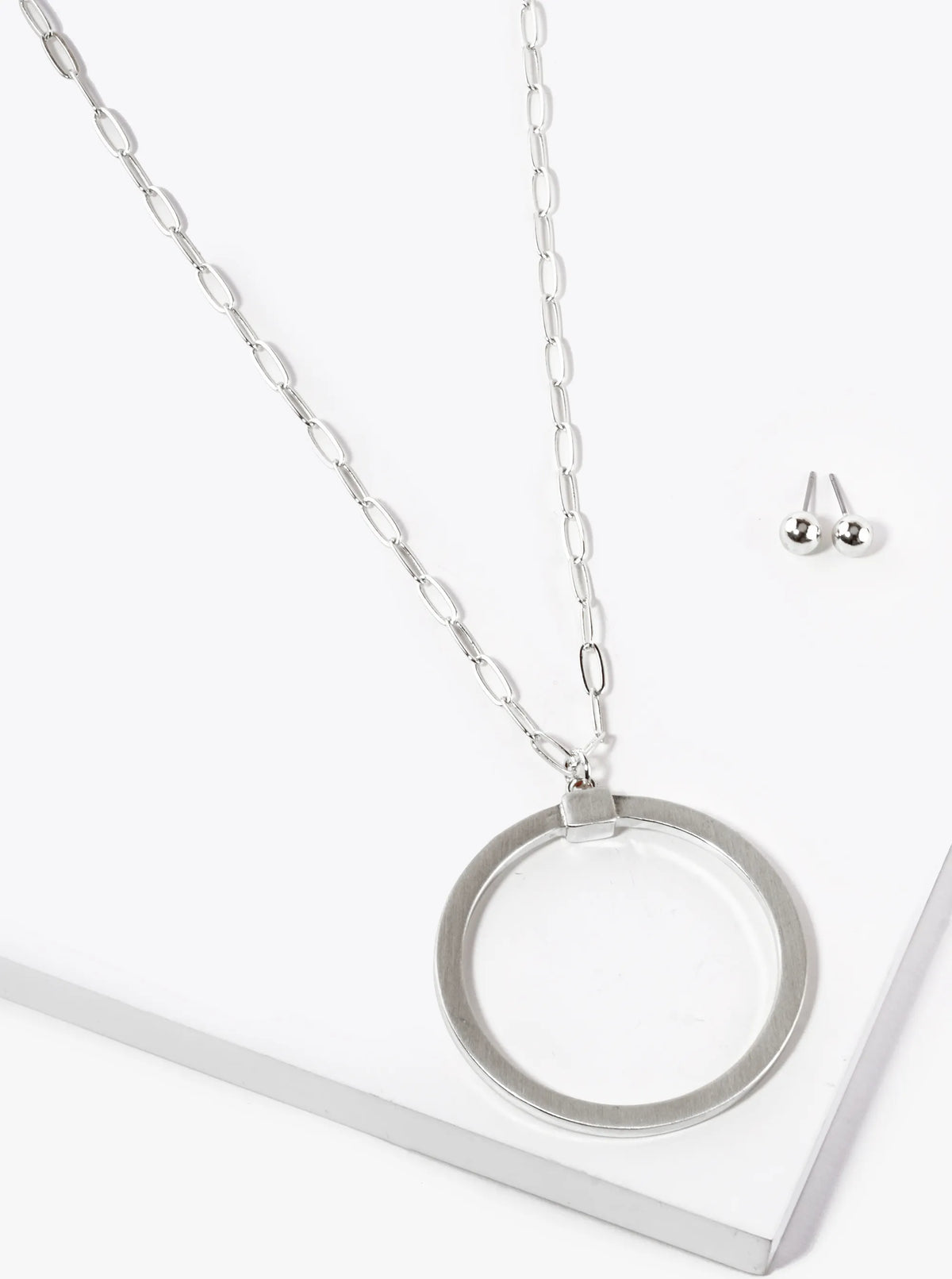 Brushed Satin Metal Round Pendant 32 Inch Long Necklace